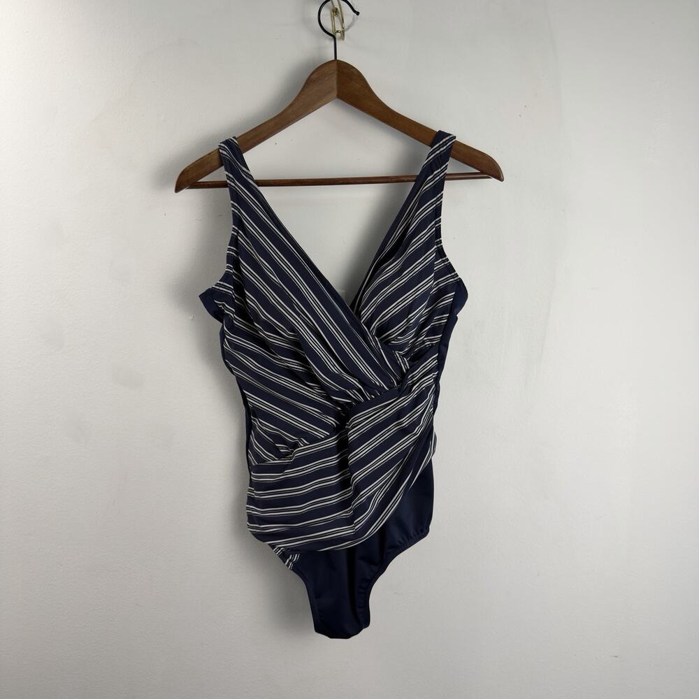 Miraclesuit Swimsuit Women Blue White Stripe One Piece Shaping Size 14